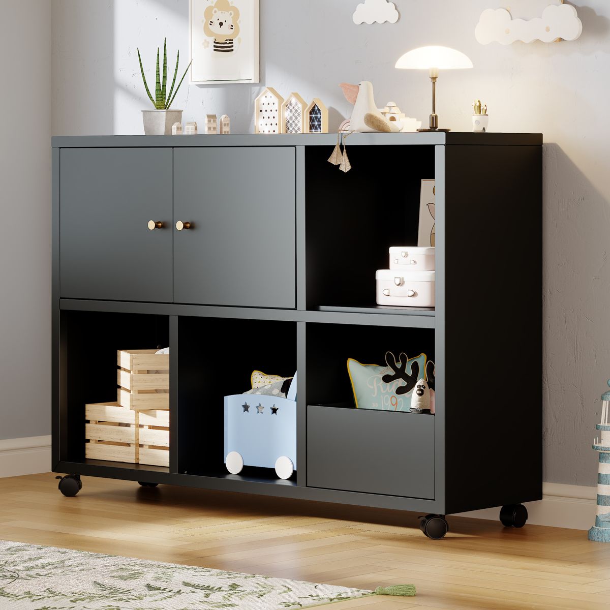 Rolling Metal Toy Cabinet with Open Cubbies — view 4