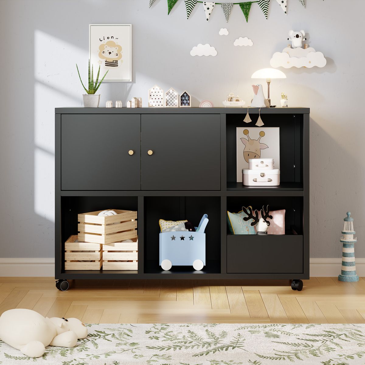 Rolling Metal Toy Cabinet with Open Cubbies