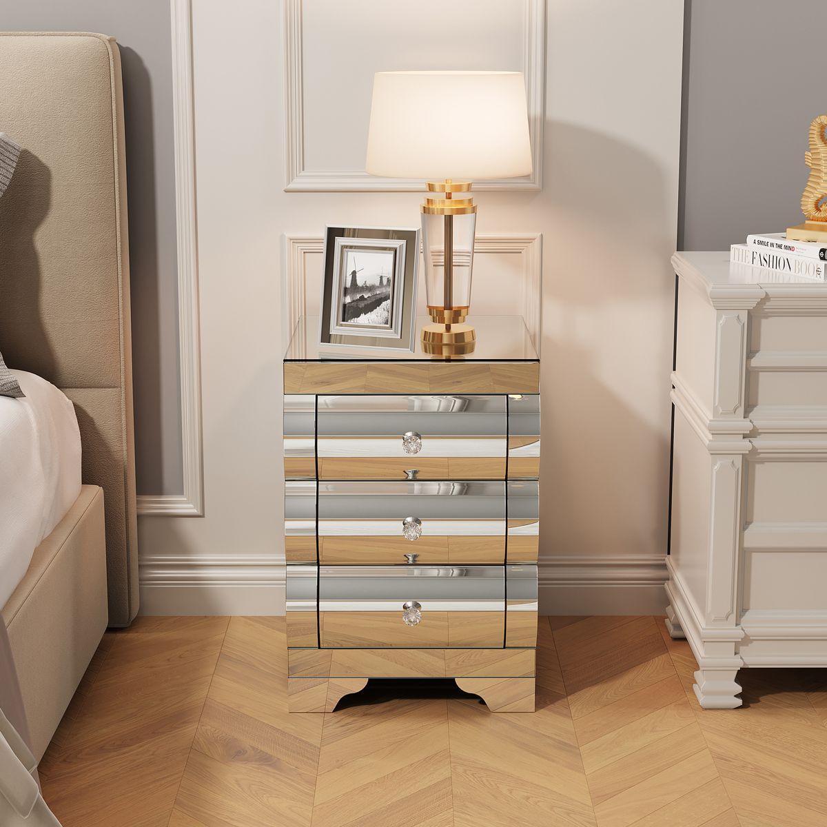 Curved Mirrored Nightstand with Three Drawers — view 2