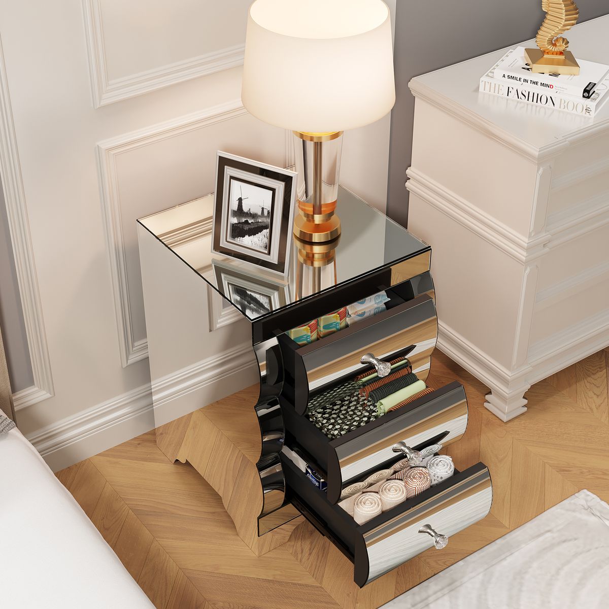 Curved Mirrored Nightstand with Three Drawers — view 3