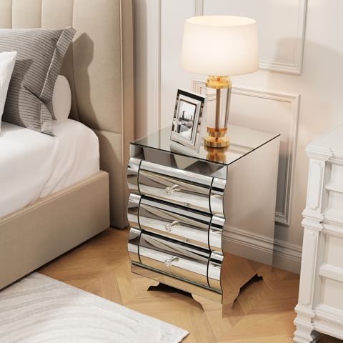 Curved Mirrored Nightstand with Three Drawers — view 1