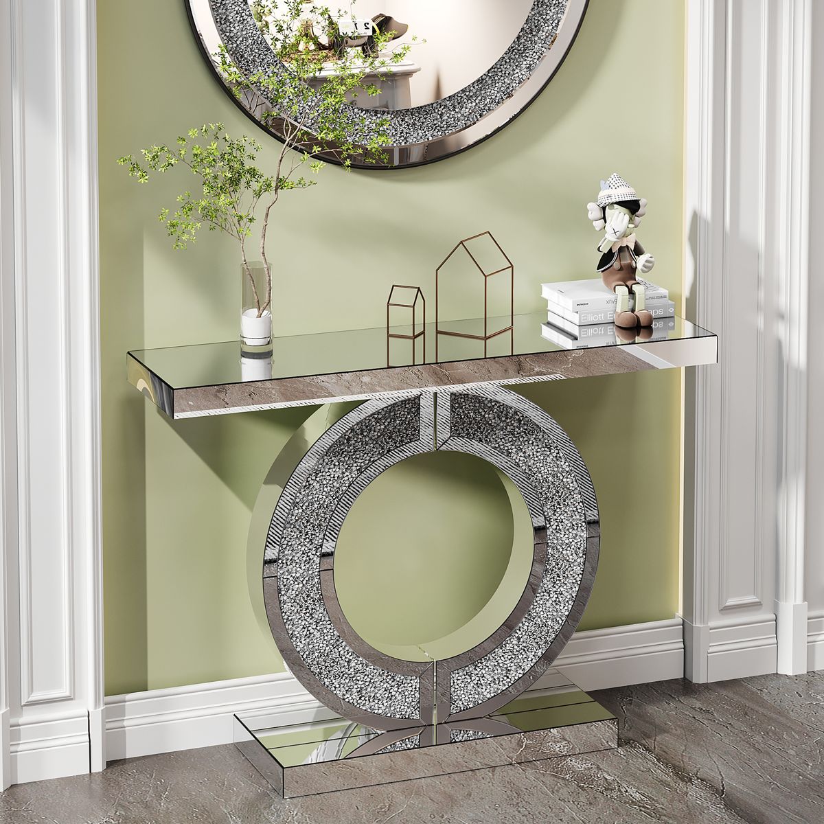 O-Shaped Mirrored Console Table in Silver — view 3