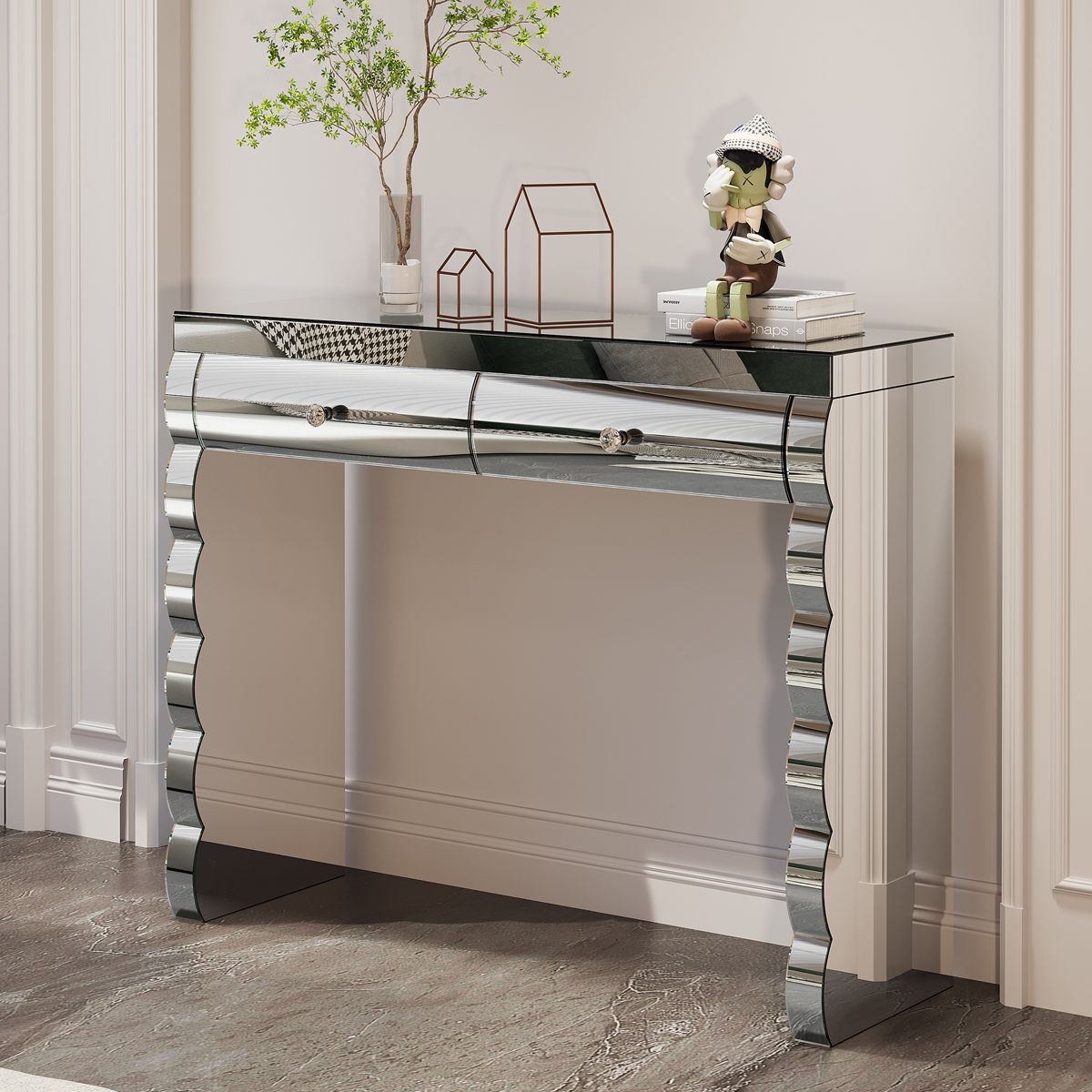 Curved Mirrored Console Table with Two Drawers — view 2
