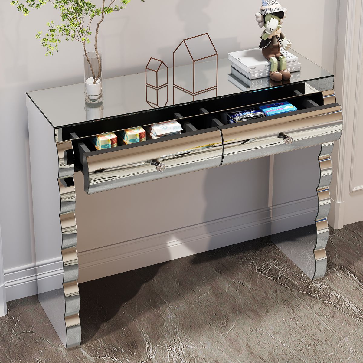 Curved Mirrored Console Table with Two Drawers — view 3