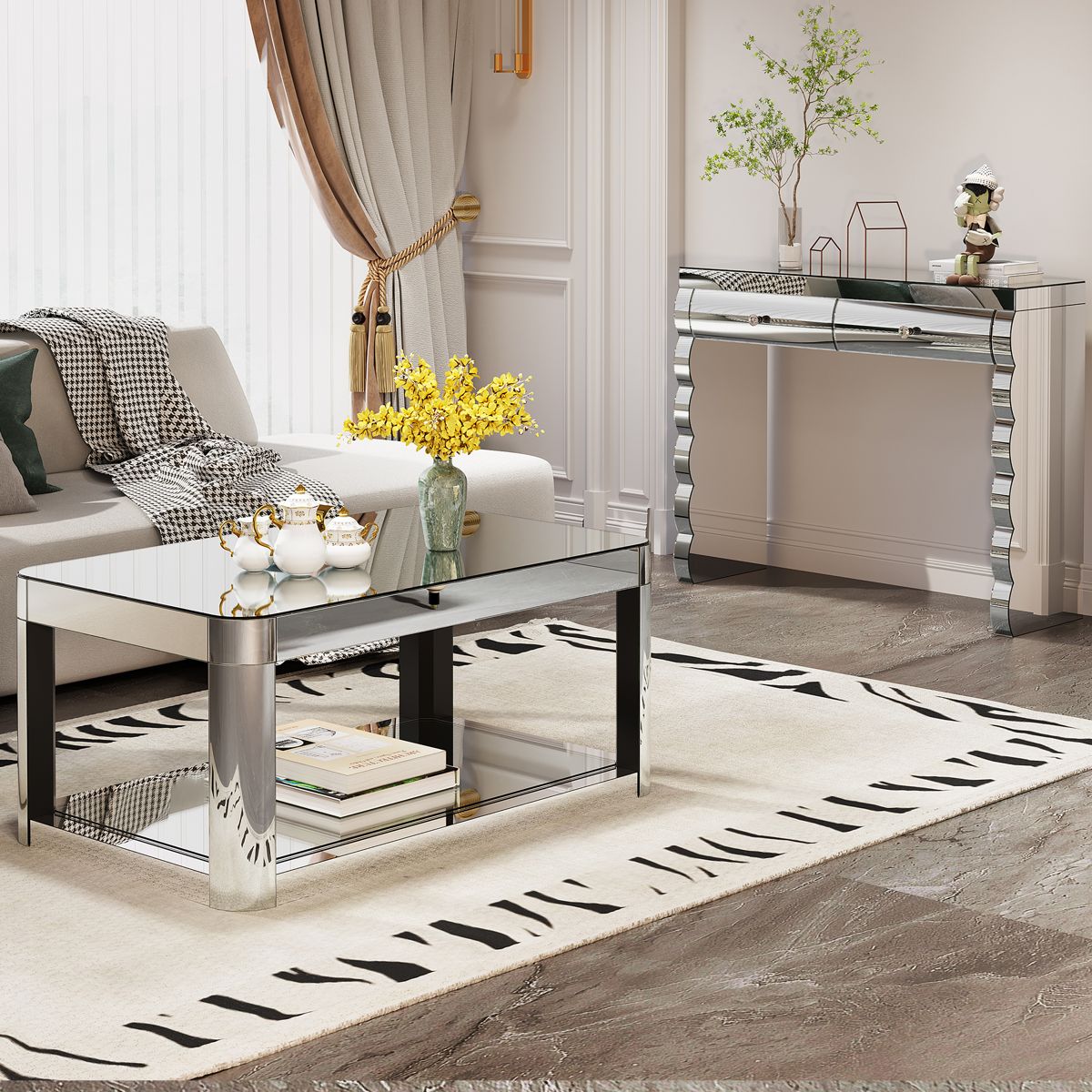 Curved Mirrored Console Table with Two Drawers — view 4