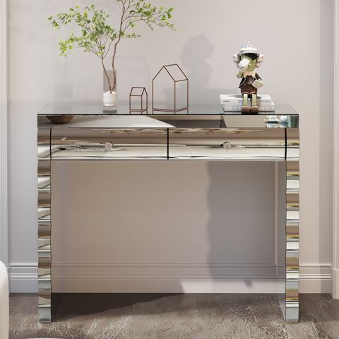 Curved Mirrored Console Table with Two Drawers