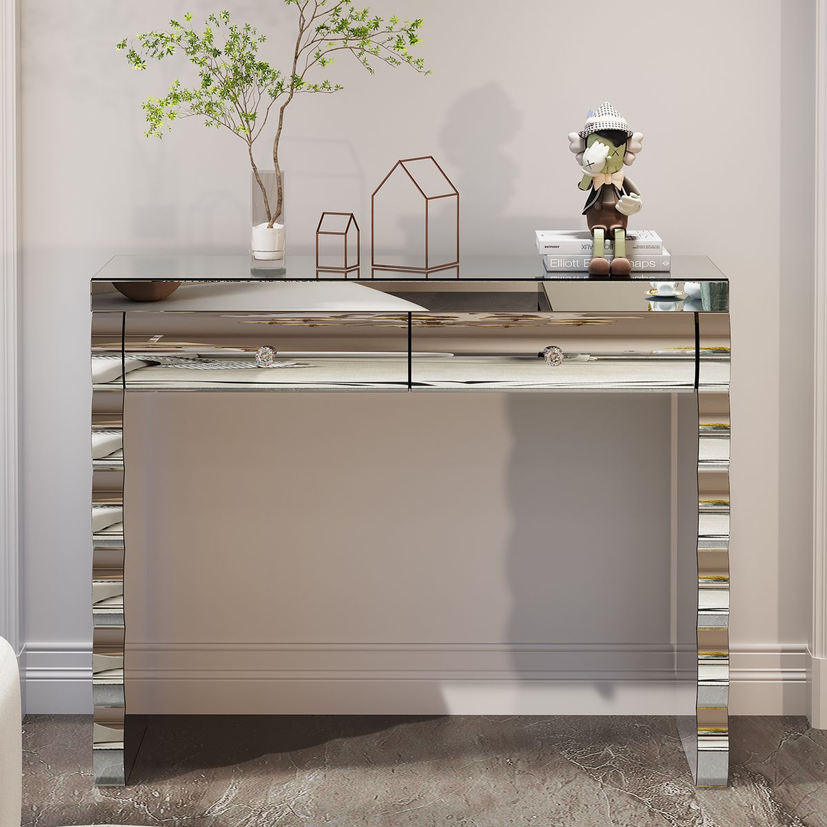 Curved Mirrored Console Table with Two Drawers