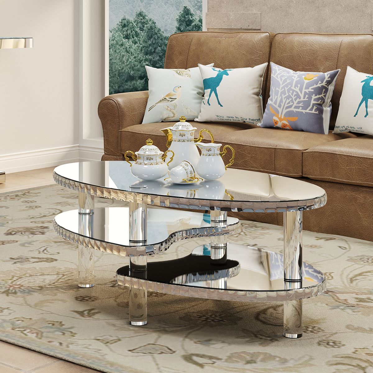 Oval Two-Tier Mirrored Coffee Table — view 2