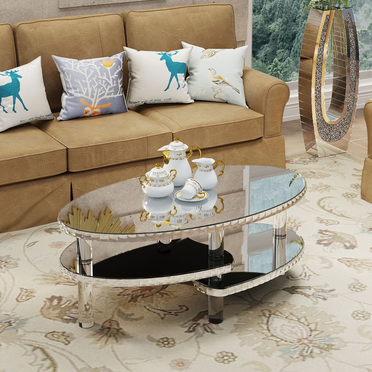 Oval Two-Tier Mirrored Coffee Table — view 3