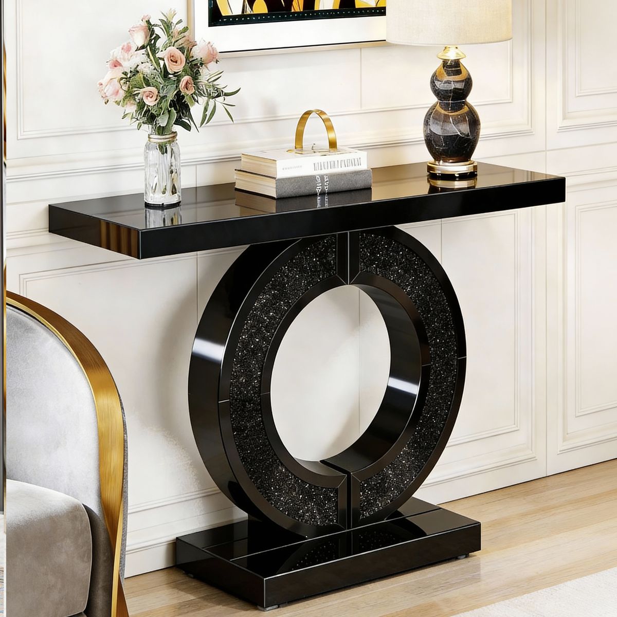 O-Shaped Mirrored Console Table in Black