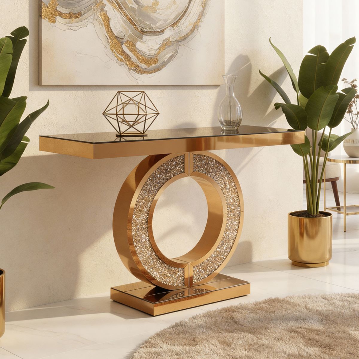 O-Base Crushed Diamond Mirrored Console Table