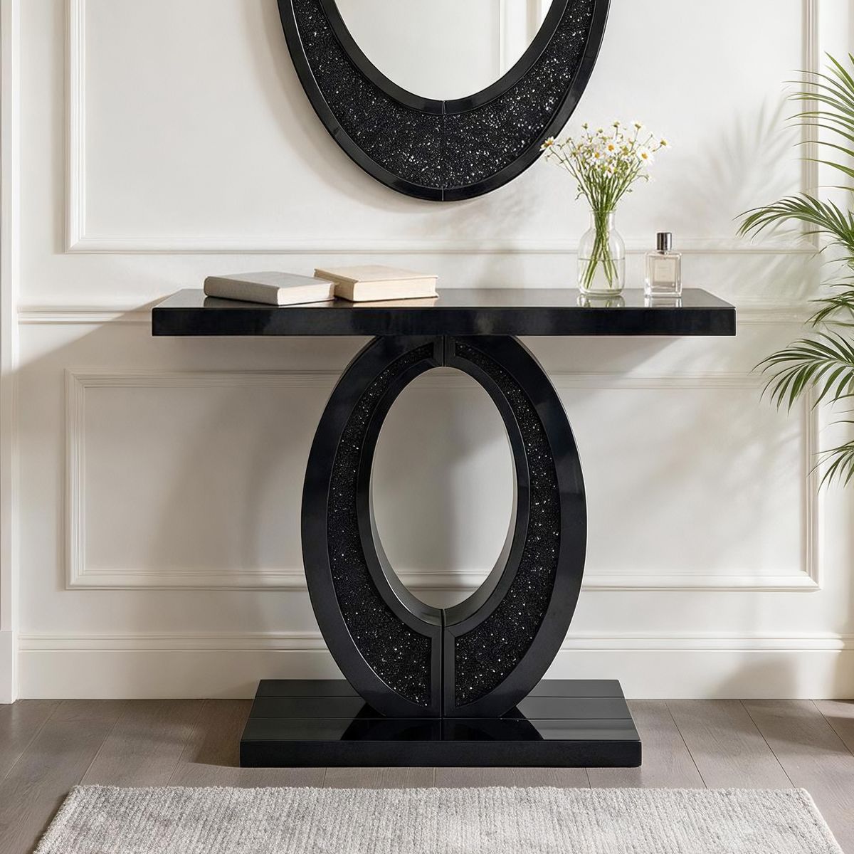 Black Oval-Frame Crushed Diamond Console Table — view 2