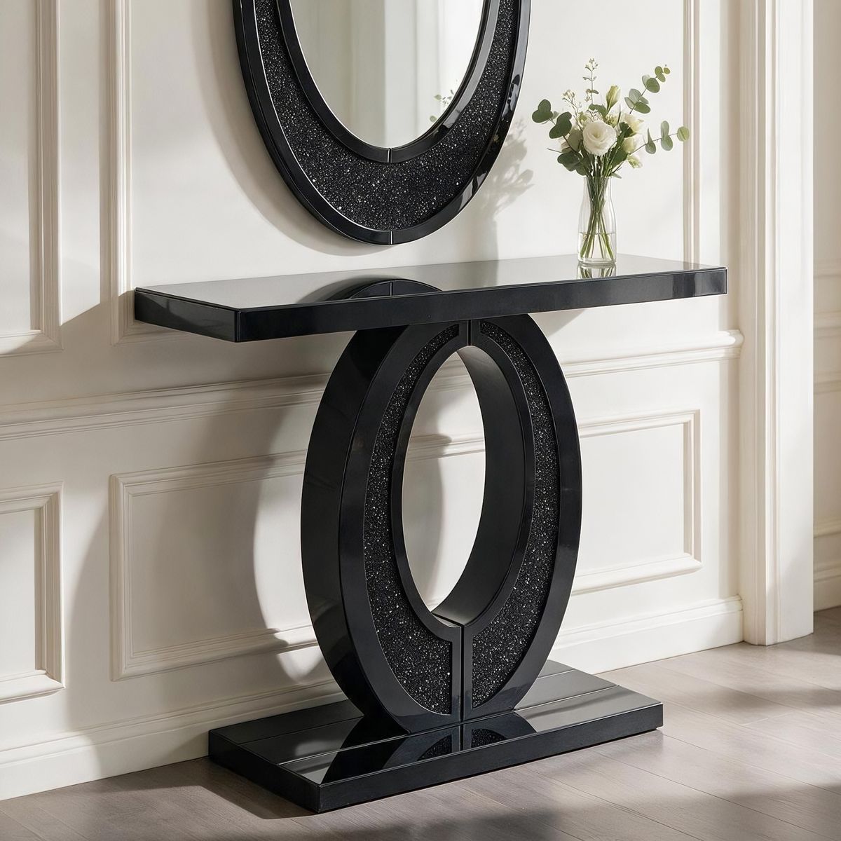 Black Oval-Frame Crushed Diamond Console Table — view 3