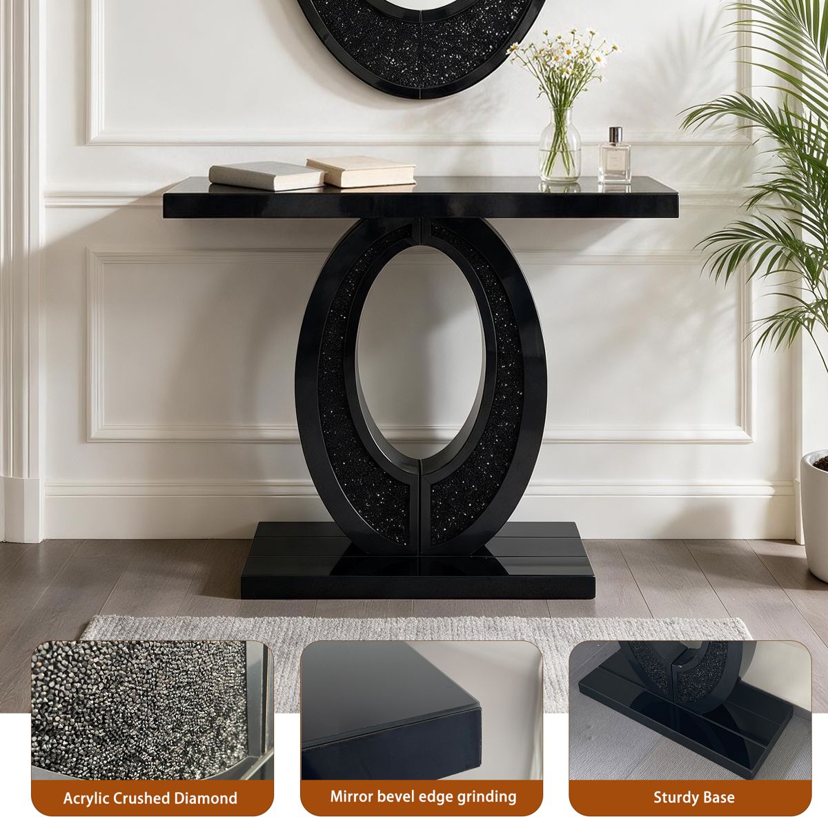 Black Oval-Frame Crushed Diamond Console Table — view 4