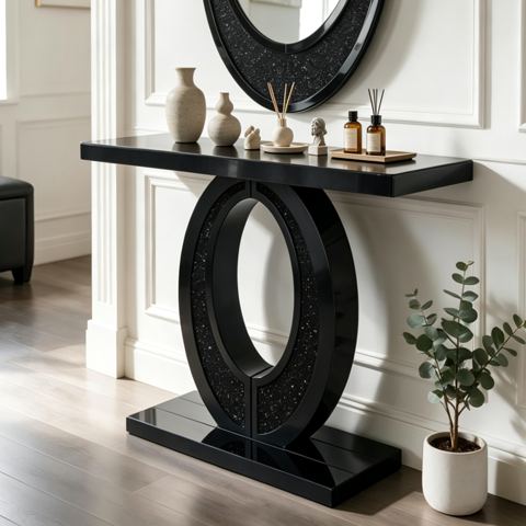 Black Oval-Frame Crushed Diamond Console Table