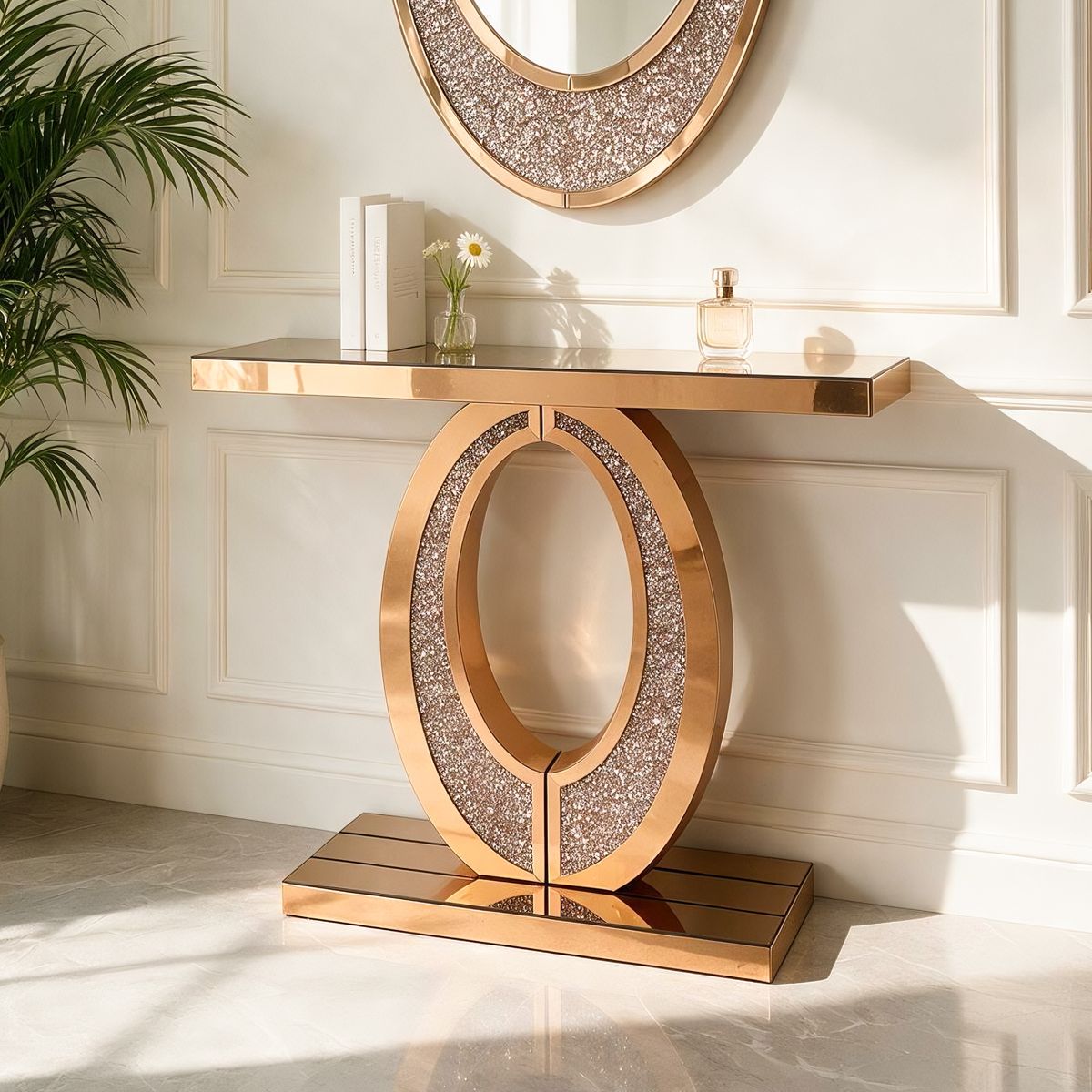 Brown Oval-Frame Crushed Diamond Console Table — view 2