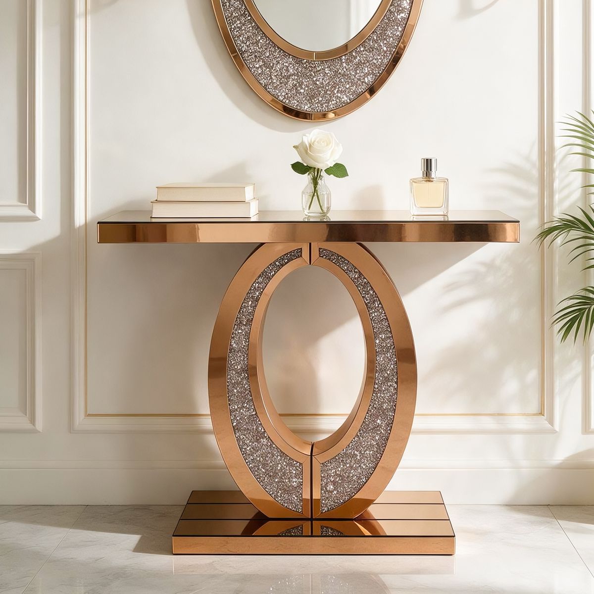 Brown Oval-Frame Crushed Diamond Console Table — view 3