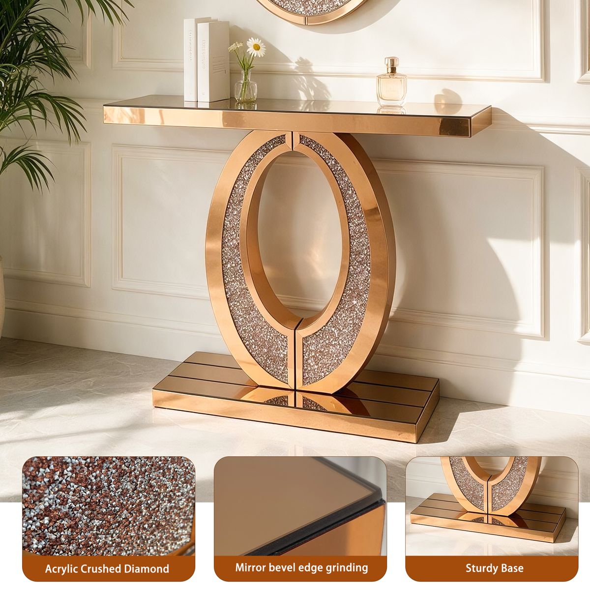 Brown Oval-Frame Crushed Diamond Console Table — view 4