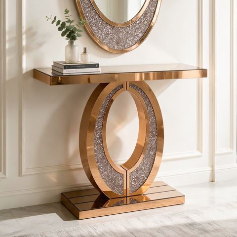 Brown Oval-Frame Crushed Diamond Console Table