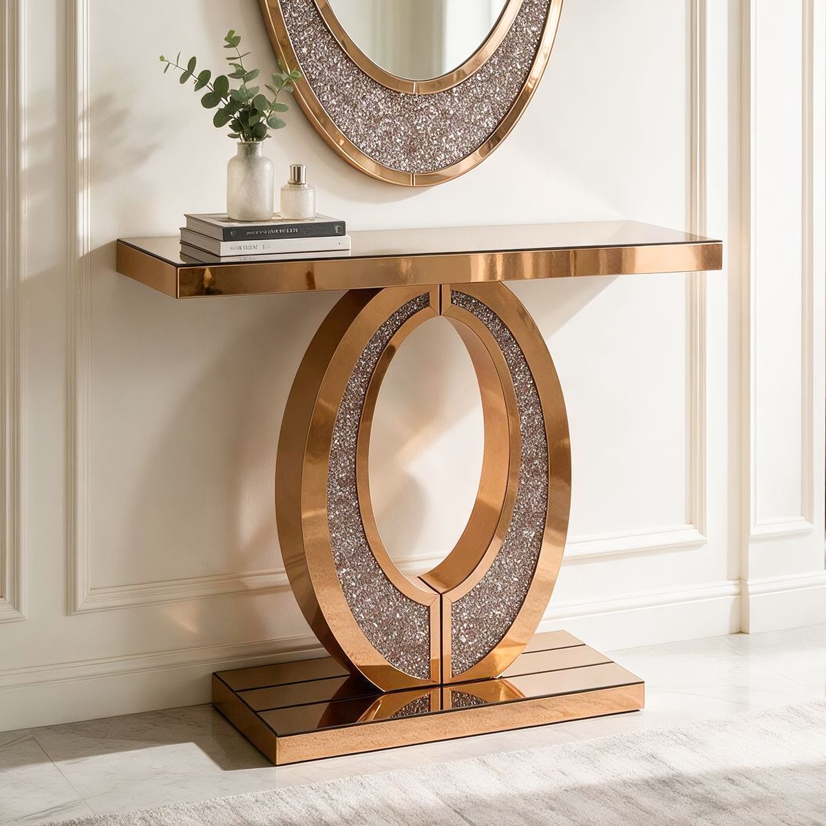 Brown Oval-Frame Crushed Diamond Console Table