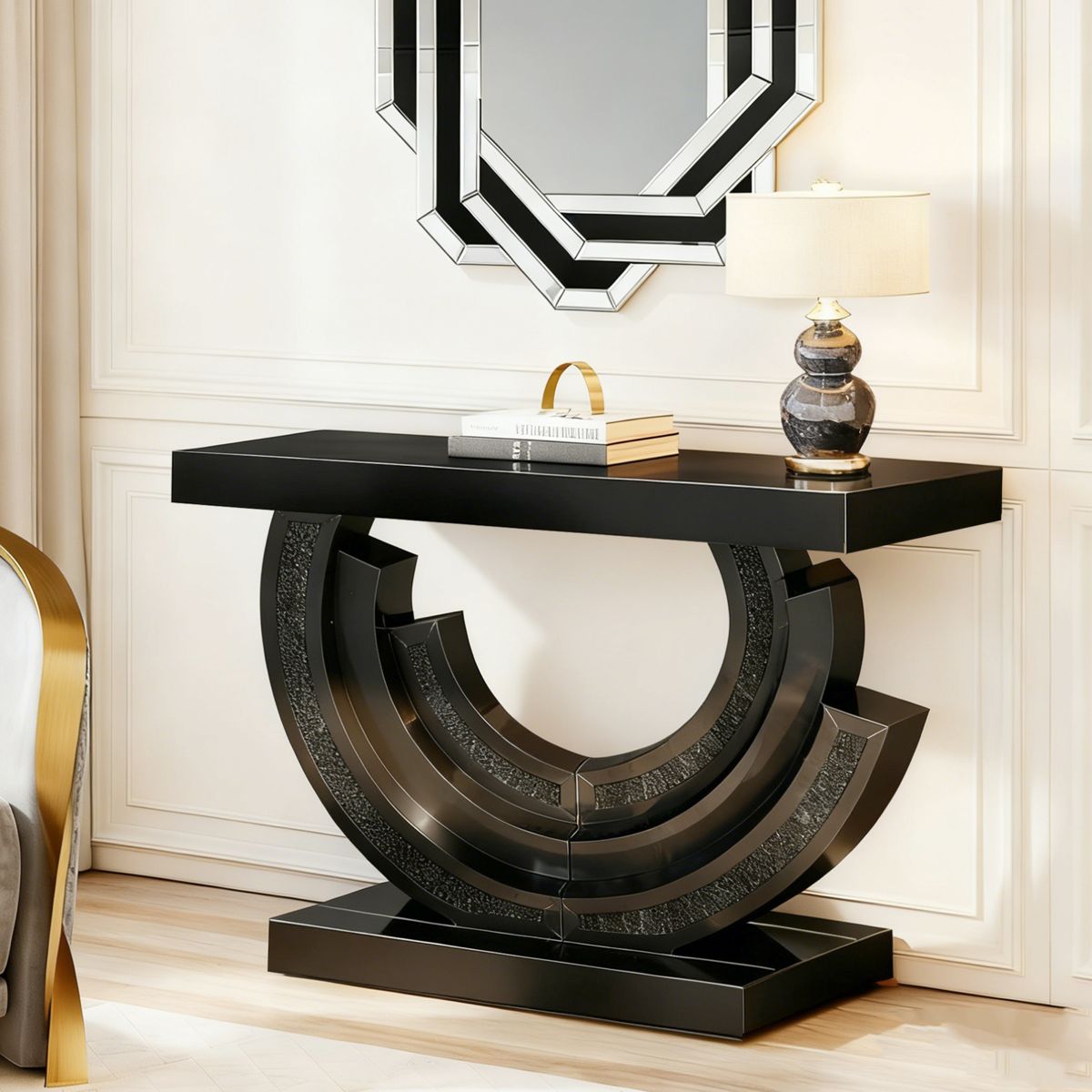 Console Table with Half-Moon Mirrored Base — view 2