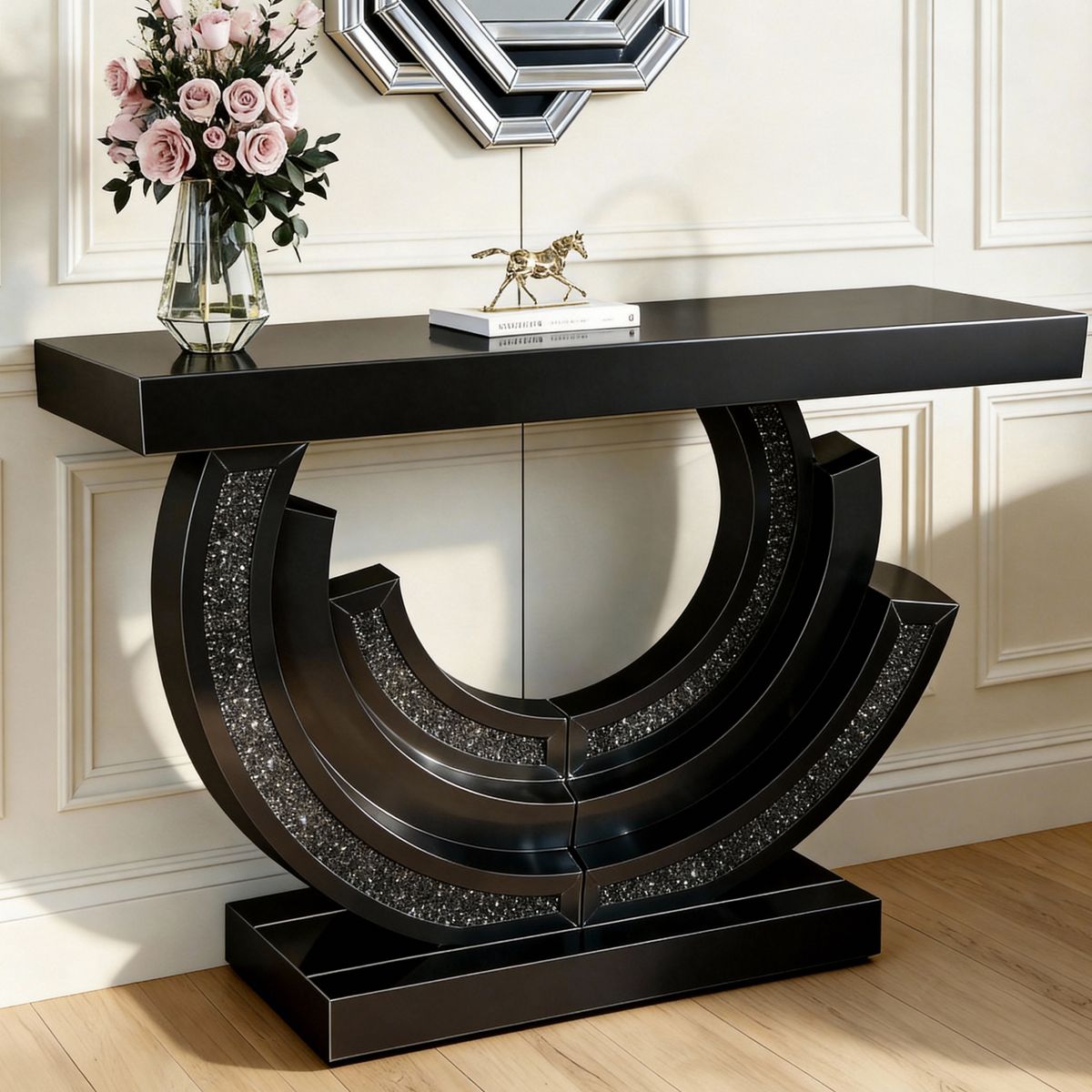 Console Table with Half-Moon Mirrored Base