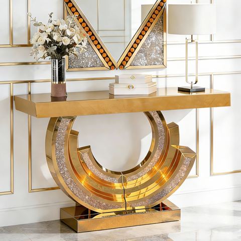 Curved Crushed Diamond Mirrored Console Table
