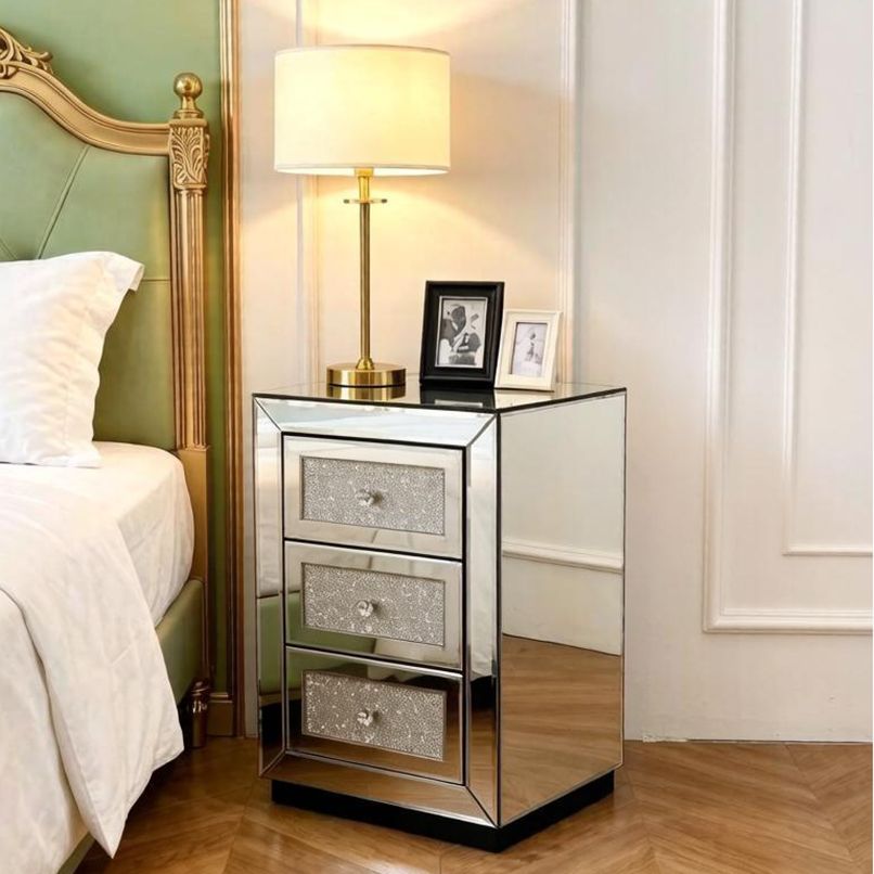 Square Three-Drawer Mirrored Nightstand — view 3