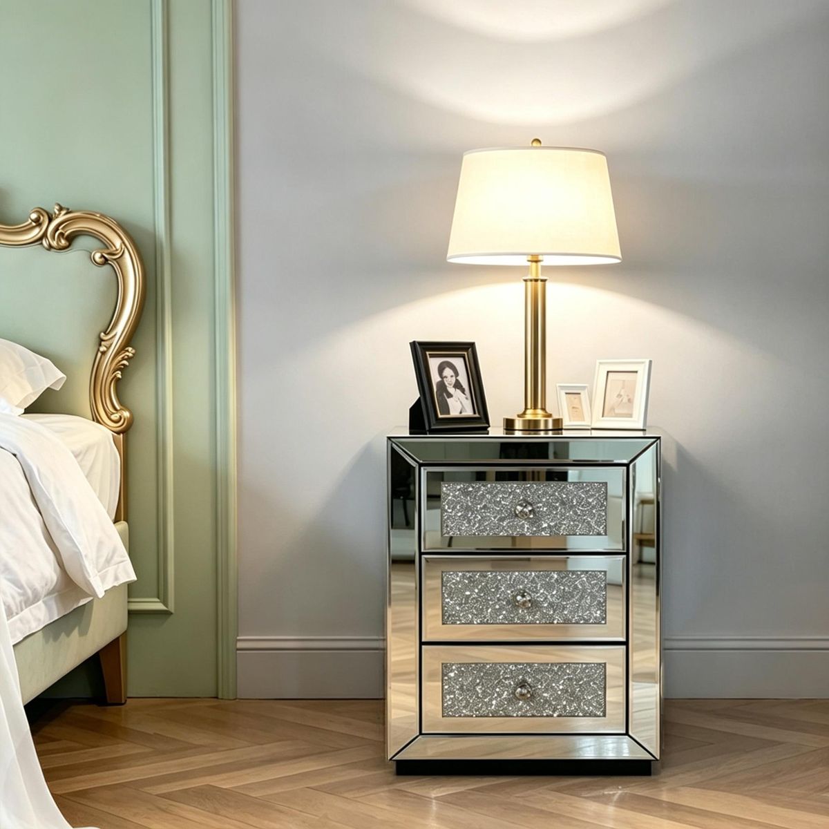 Square Three-Drawer Mirrored Nightstand — view 4
