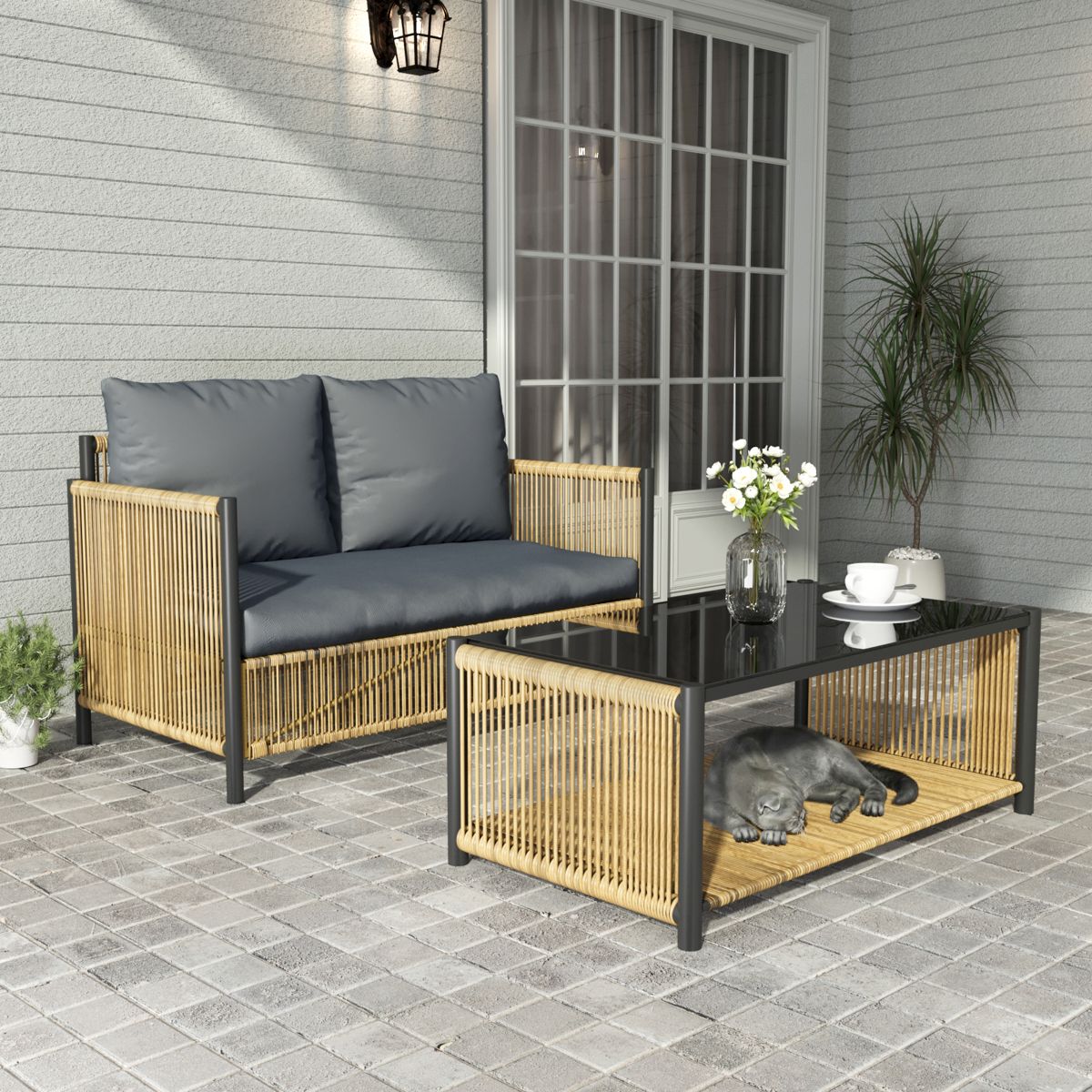 Two-Seat Wicker Sofa and Table Set