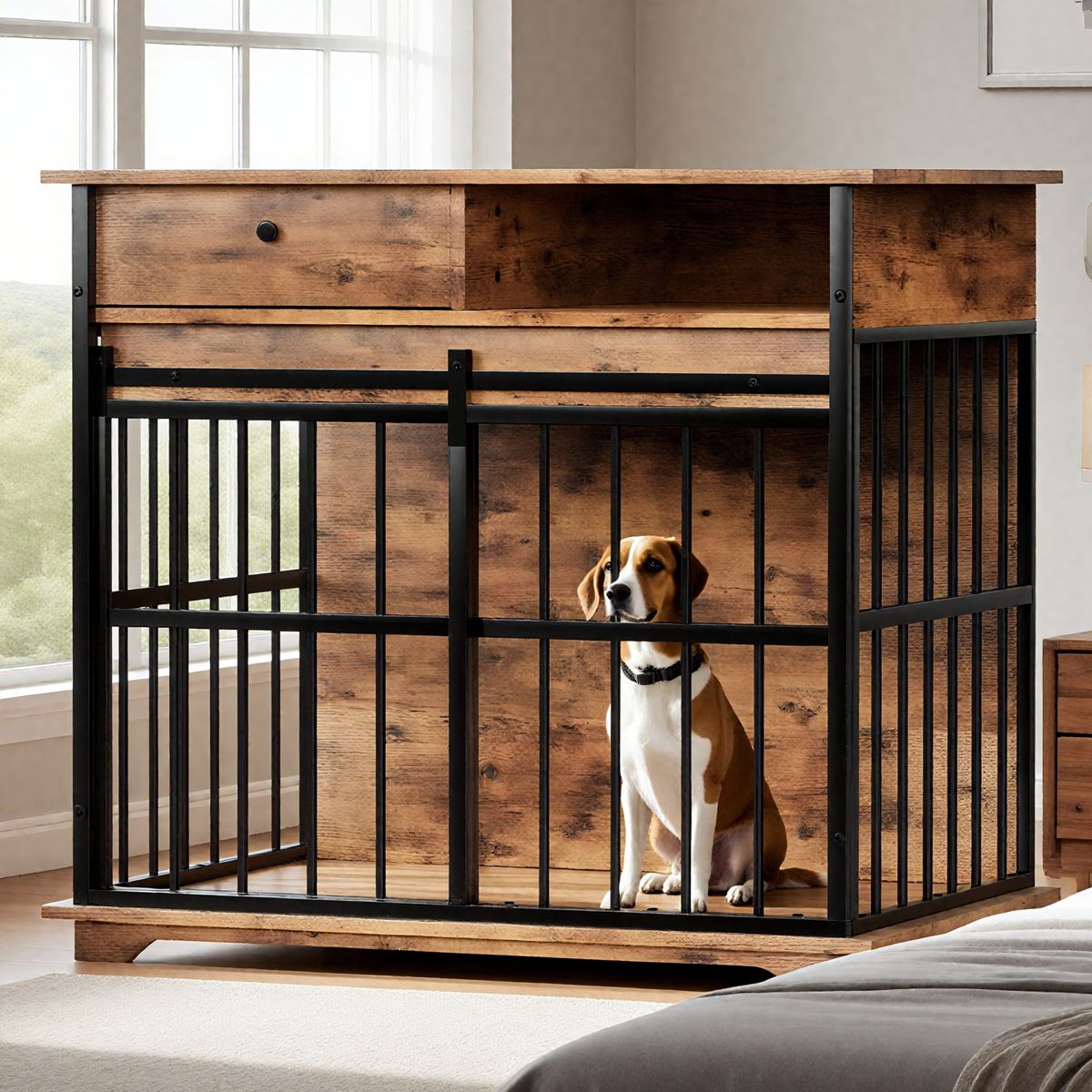 Wooden Dog Crate with Drawer and Side Storage — view 3
