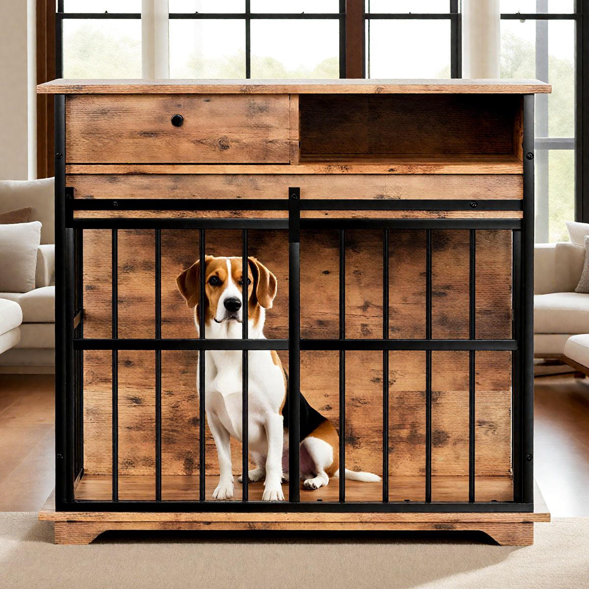 Wooden Dog Crate with Drawer and Side Storage