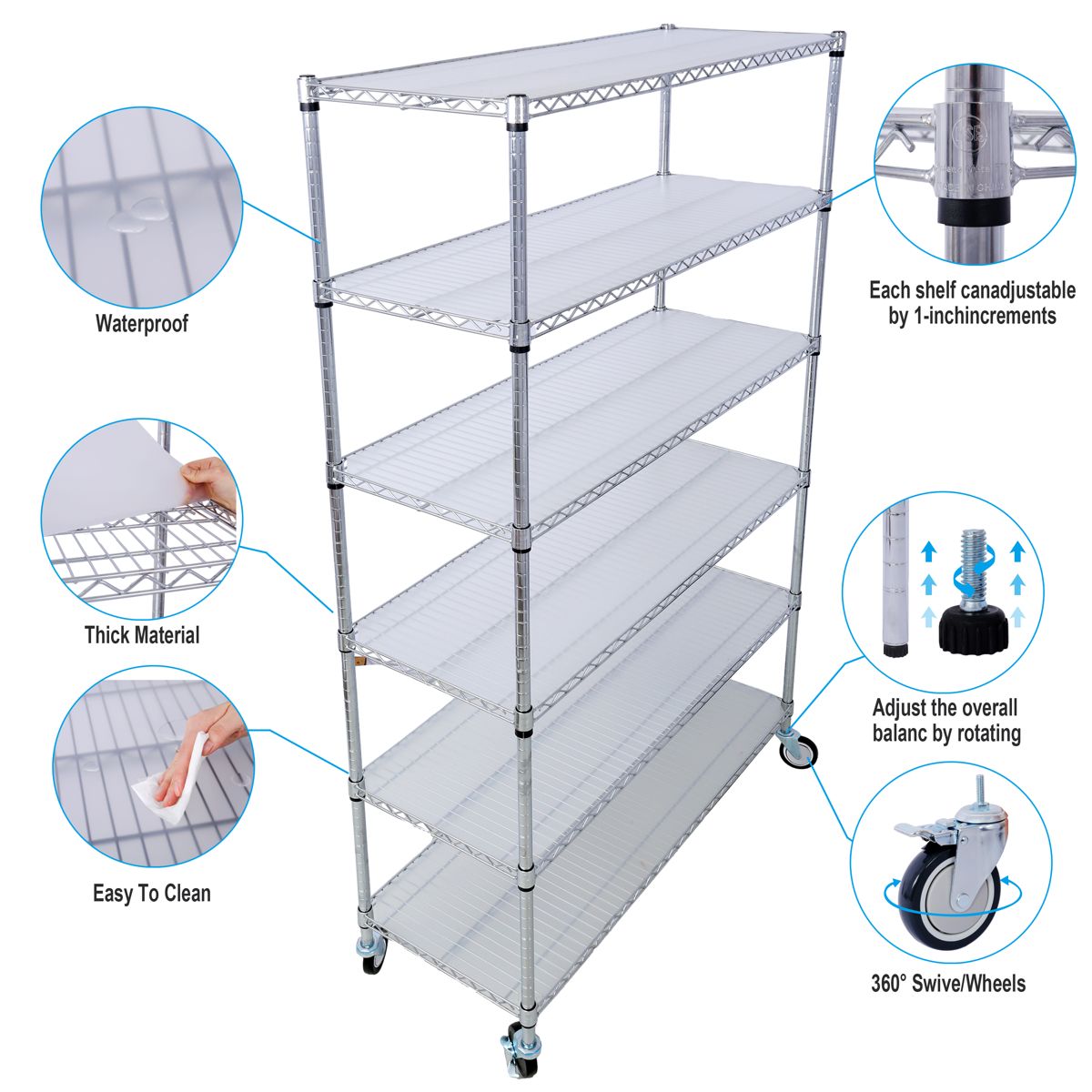 6-Tier Chrome Wire Shelving Unit on Wheels — view 2