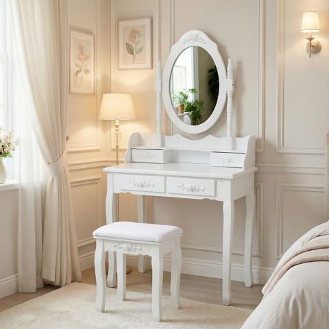 Vanity Desk with 360° Swivel Mirror and Stool