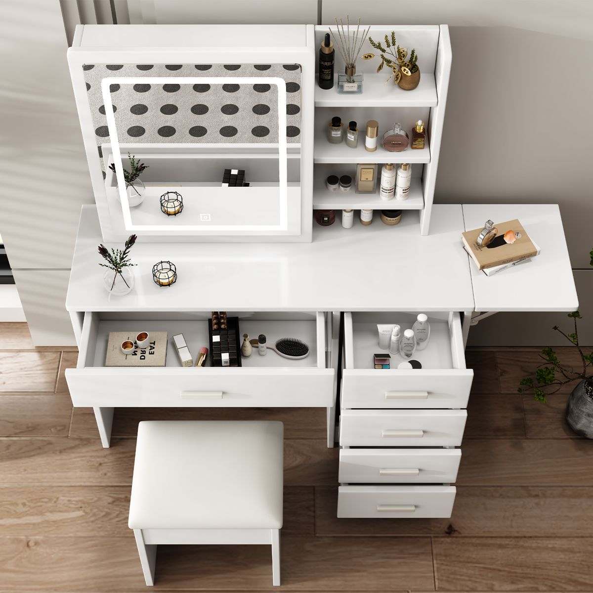 45-Inch Lighted Vanity with 5 Drawers and Chair — view 2