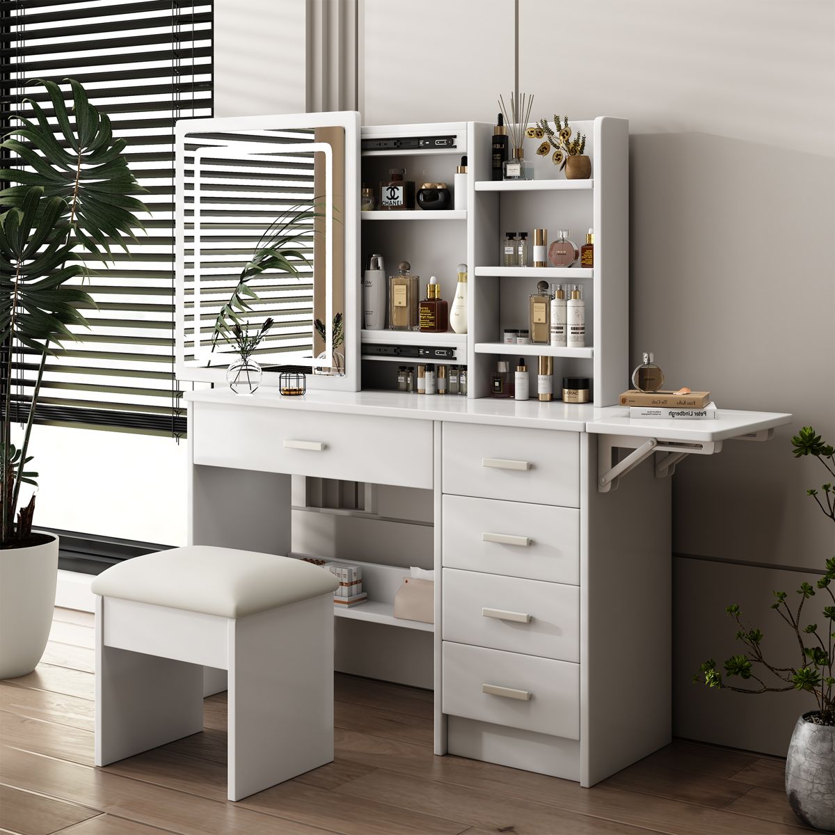 45-Inch Lighted Vanity with 5 Drawers and Chair — view 3
