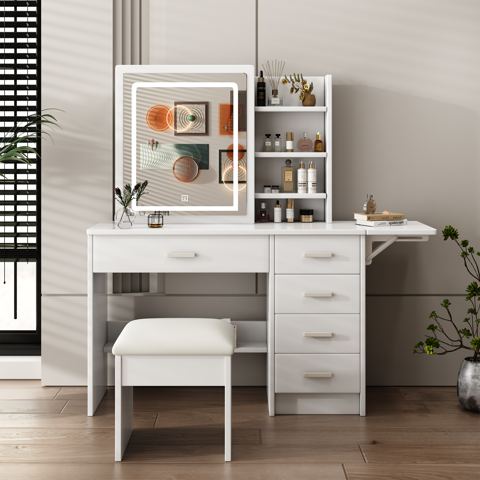 45-Inch Lighted Vanity with 5 Drawers and Chair — view 1