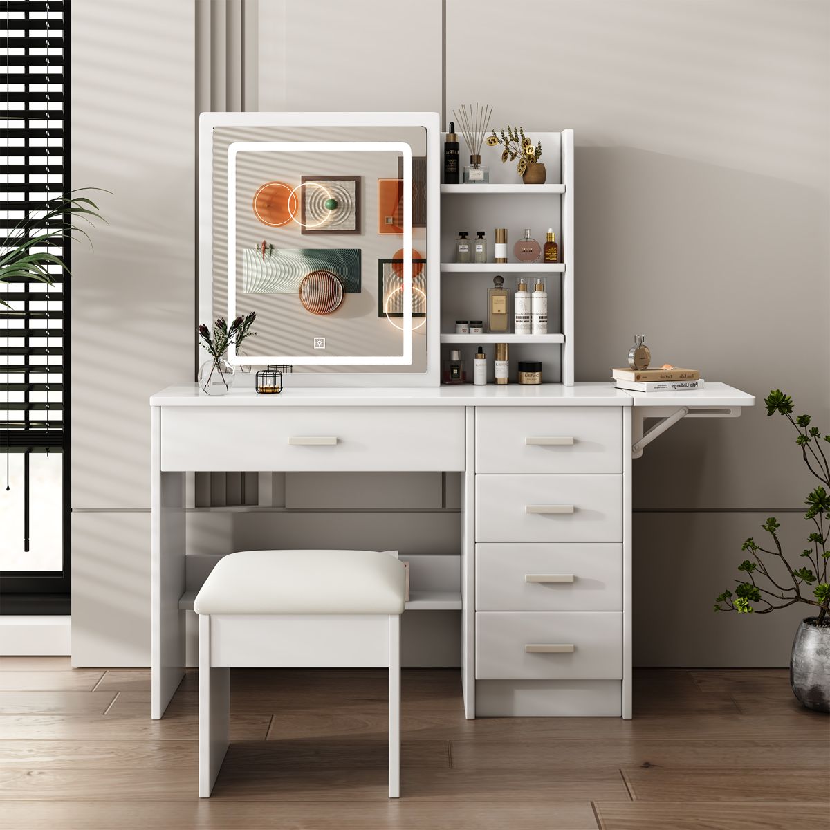 45-Inch Lighted Vanity with 5 Drawers and Chair