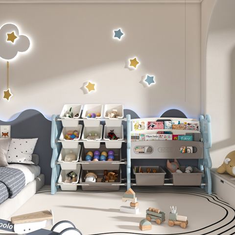 Kids Toy Organizer with Bookshelf and 12 Bins