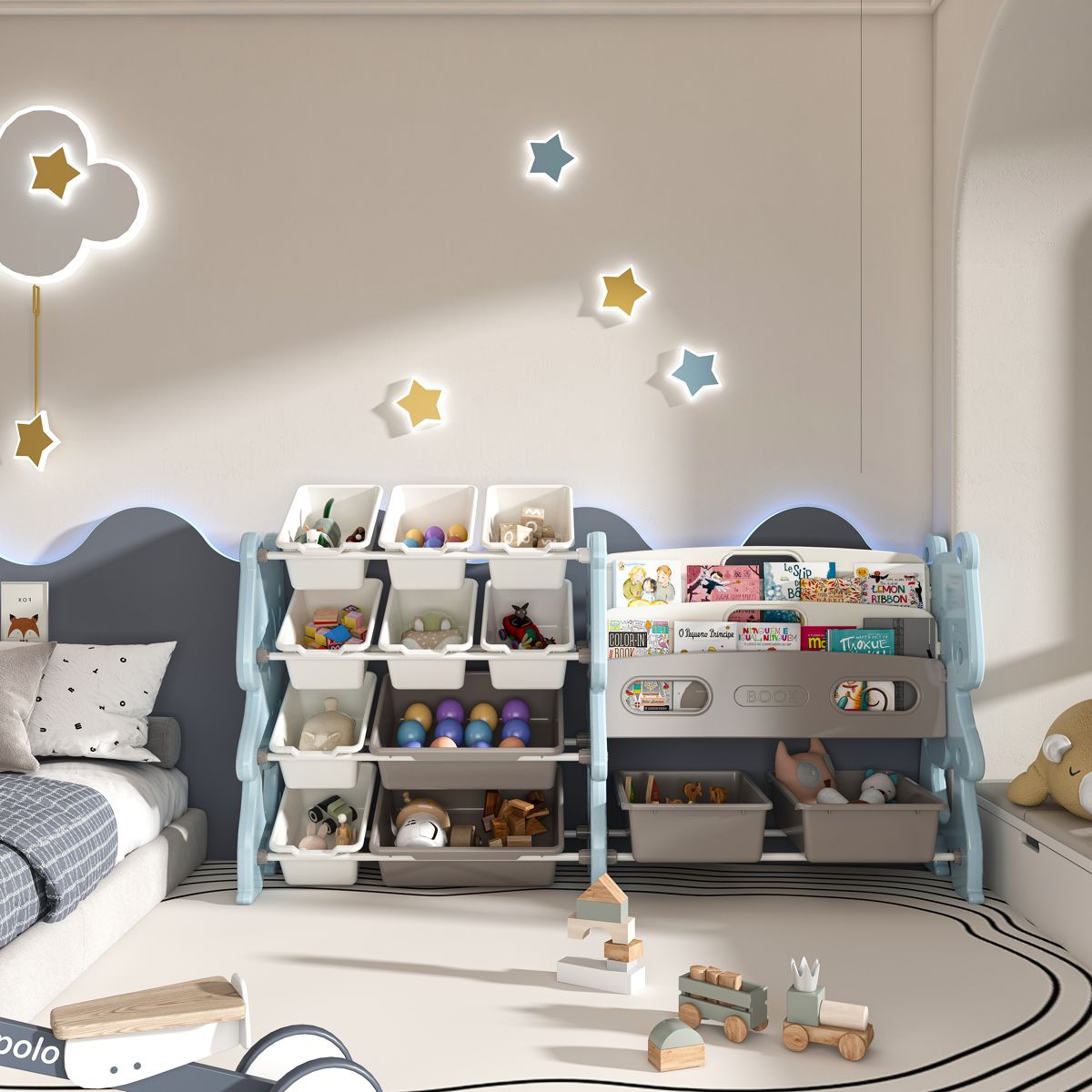 Kids Toy Organizer with Bookshelf and 12 Bins