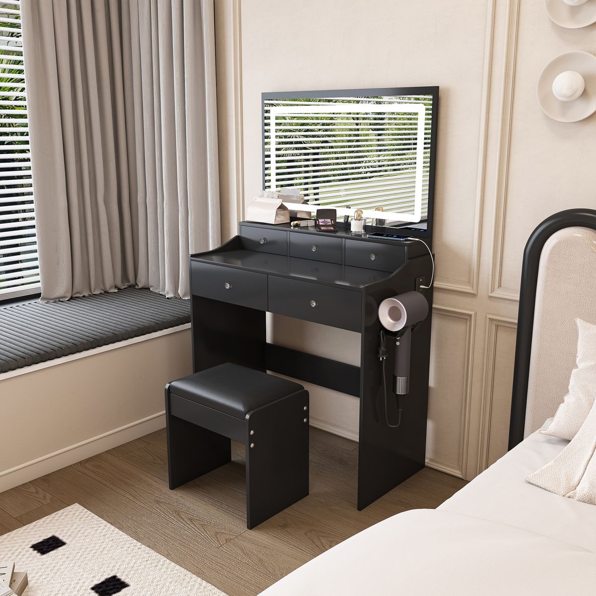 Large-Mirror Vanity with Outlet and 5 Drawers — view 2
