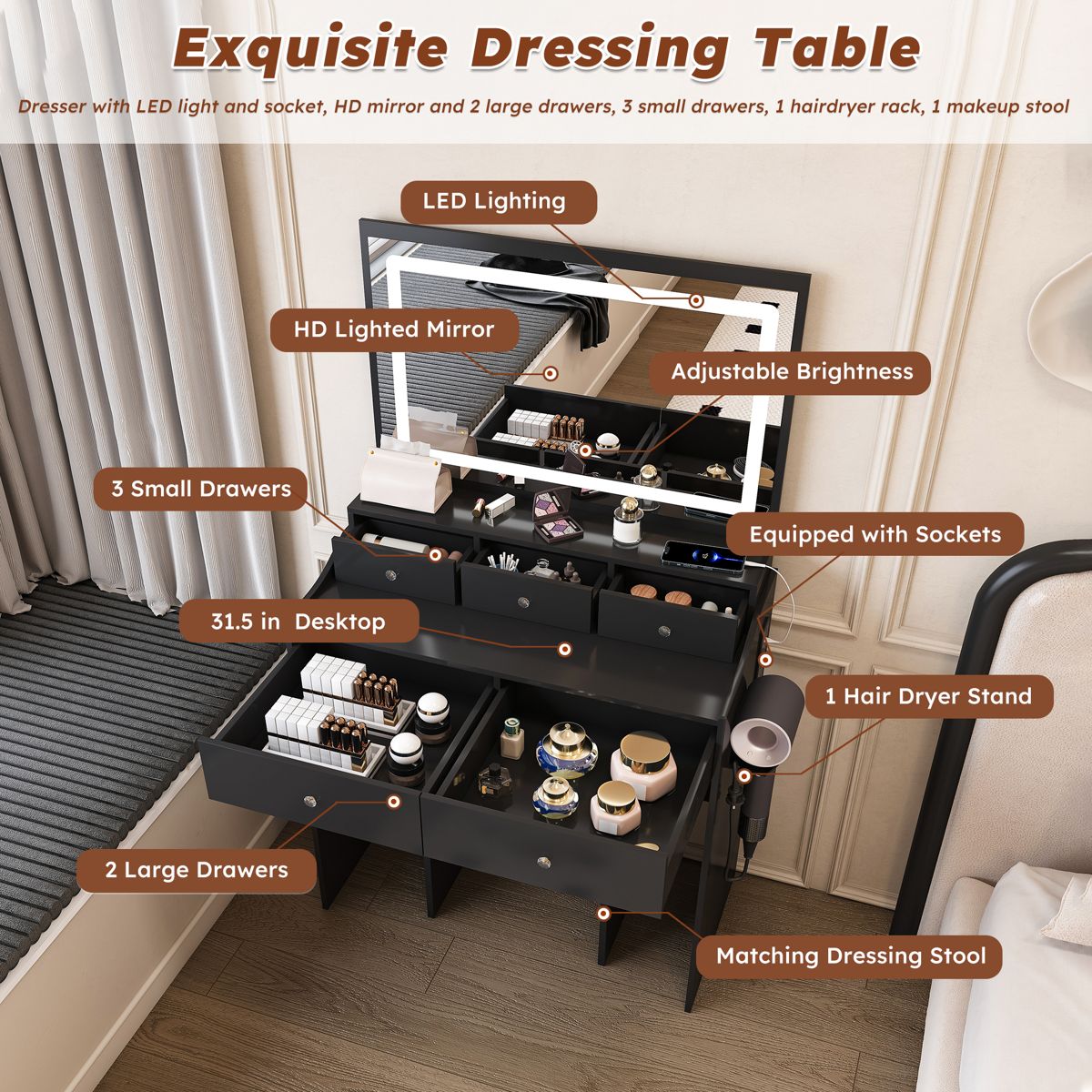 Large-Mirror Vanity with Outlet and 5 Drawers — view 3