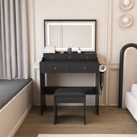 Large-Mirror Vanity with Outlet and 5 Drawers — view 1