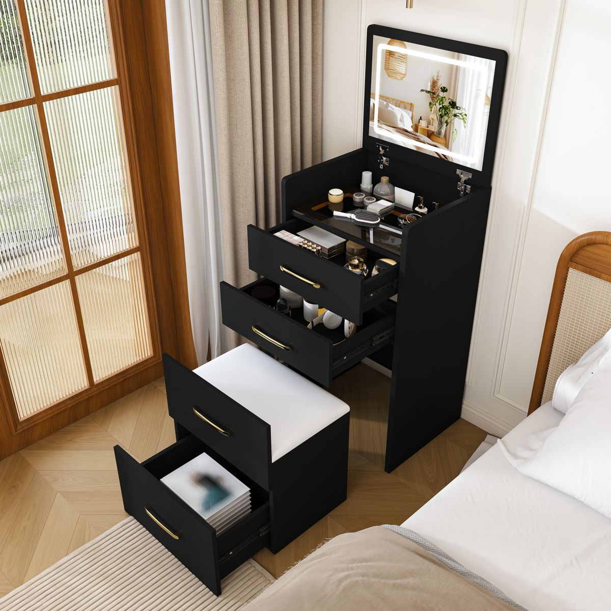 3-in-1 Flip-Top Vanity Nightstand with Chair — view 3