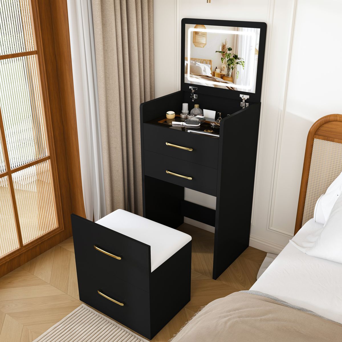 3-in-1 Flip-Top Vanity Nightstand with Chair
