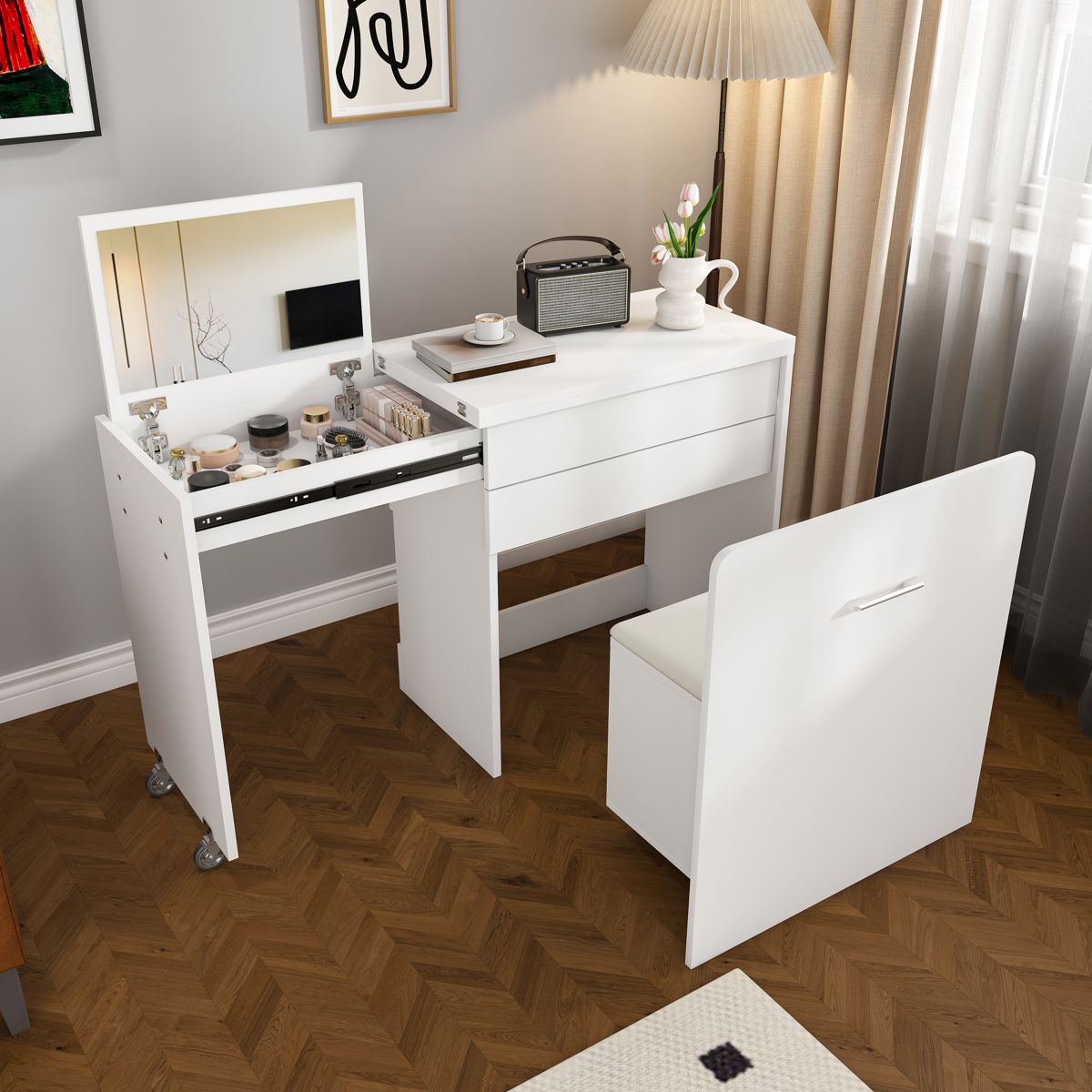 47-Inch Folding Desk Vanity with Storage Stool — view 3
