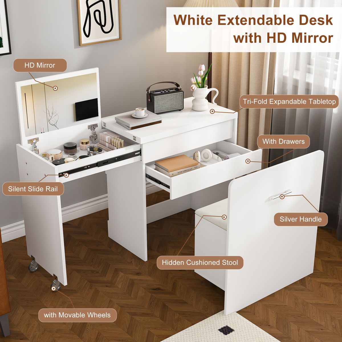 47-Inch Folding Desk Vanity with Storage Stool — view 4