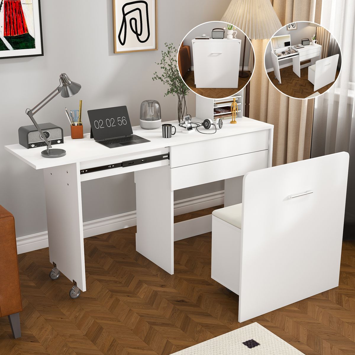 47-Inch Folding Desk Vanity with Storage Stool