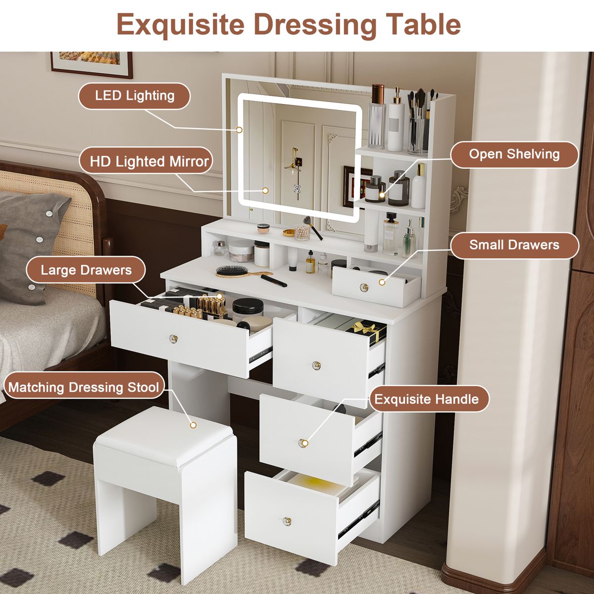 Dimmable LED Mirror Vanity with 4 Drawers — view 3