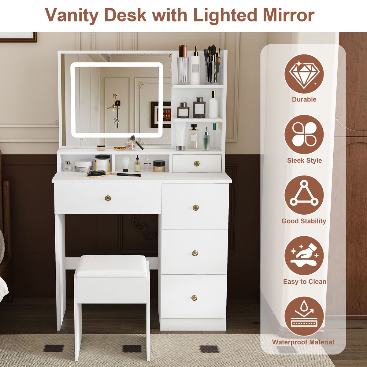 Dimmable LED Mirror Vanity with 4 Drawers — view 4